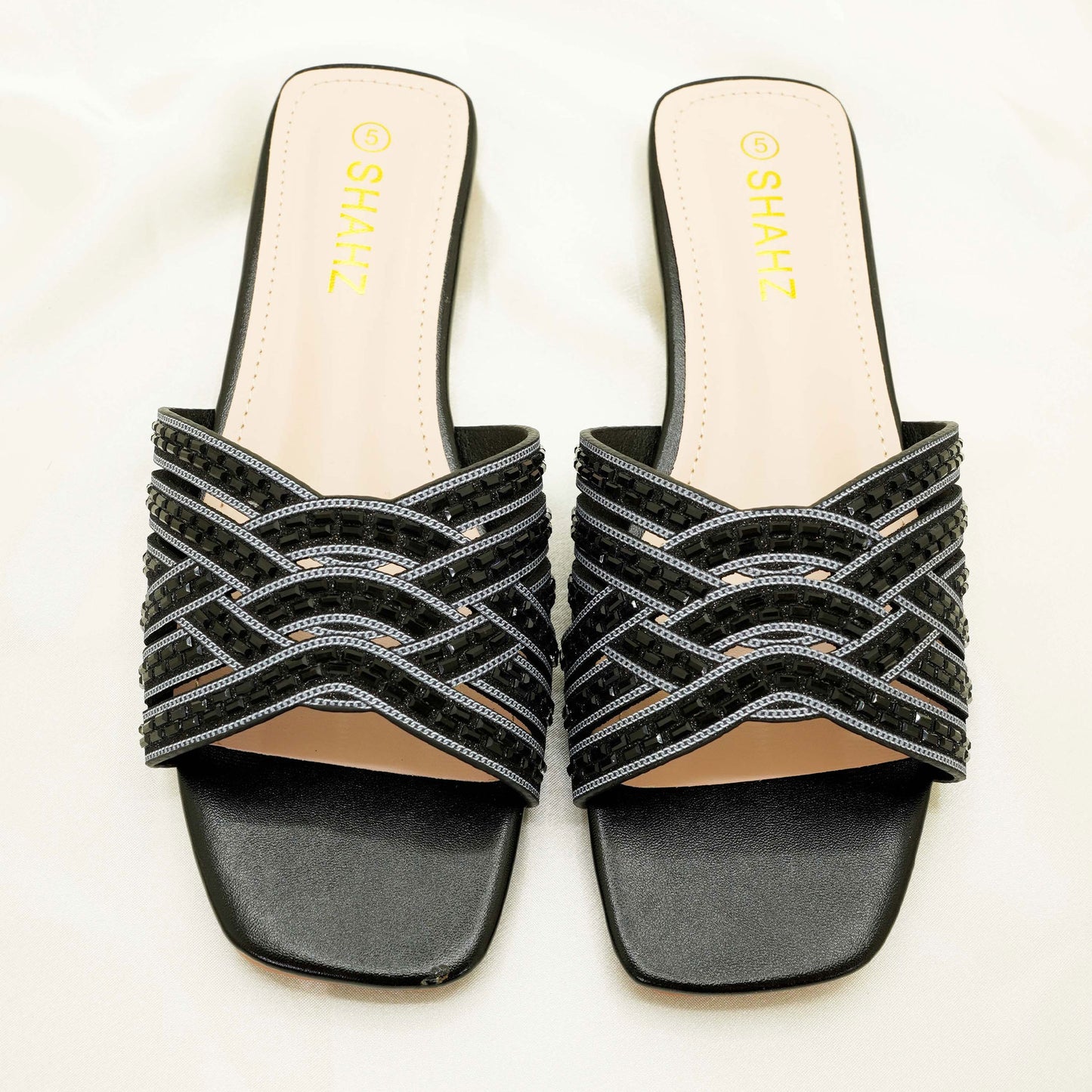 SHAHZ Summer Slide Sandals – Criss-Cross Embellished Flats for Eid, Weddings & Summer Wear