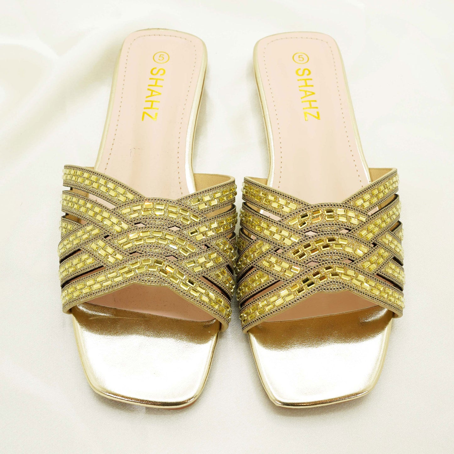 SHAHZ Summer Slide Sandals – Criss-Cross Embellished Flats for Eid, Weddings & Summer Wear