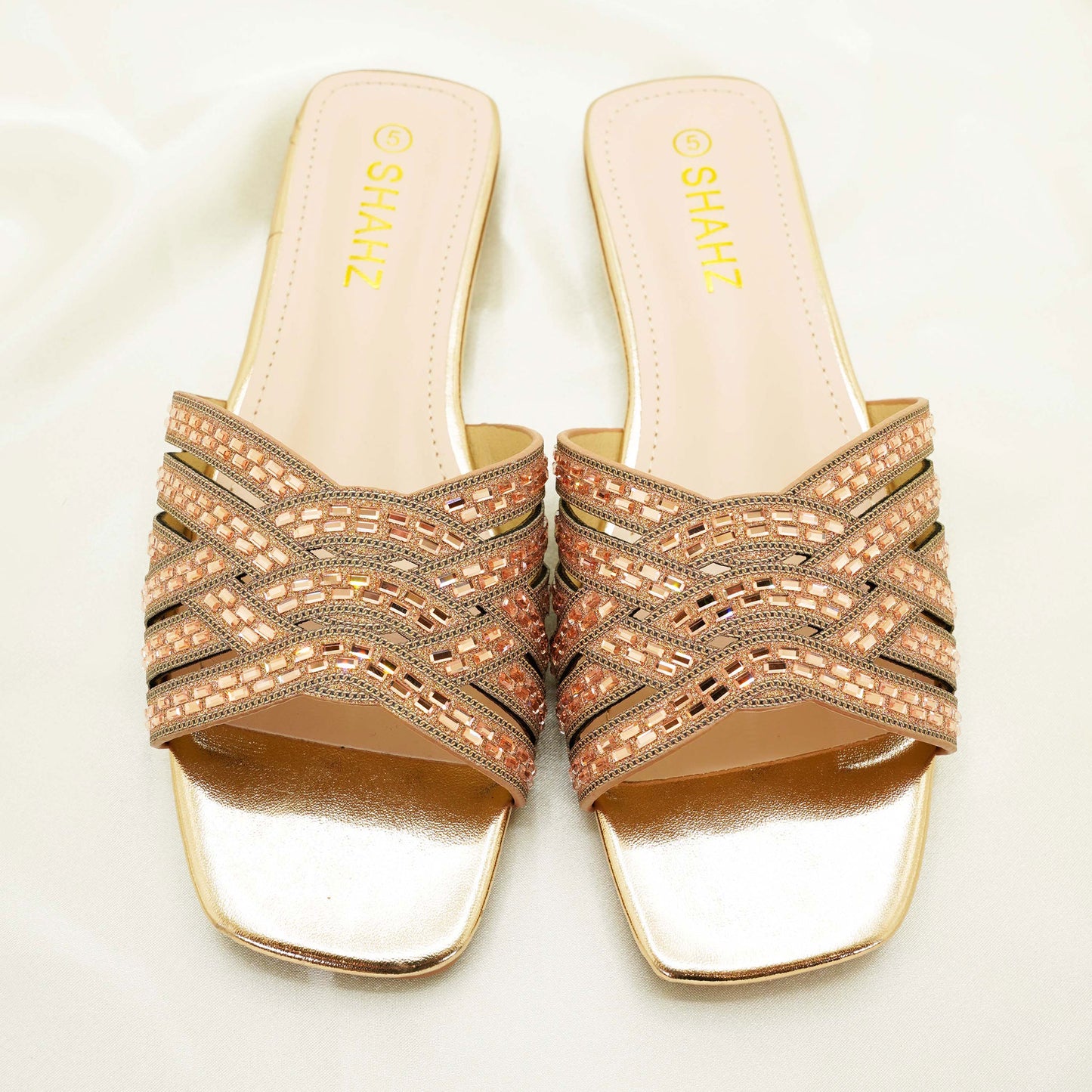 SHAHZ Summer Slide Sandals – Criss-Cross Embellished Flats for Eid, Weddings & Summer Wear