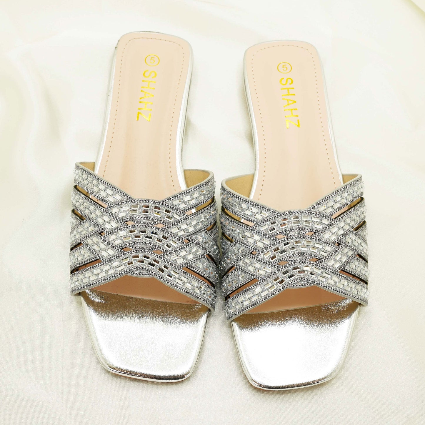SHAHZ Summer Slide Sandals – Criss-Cross Embellished Flats for Eid, Weddings & Summer Wear