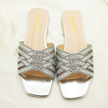 SHAHZ Summer Slide Sandals – Criss-Cross Embellished Flats for Eid, Weddings & Summer Wear