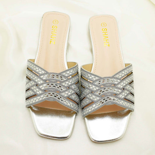 SHAHZ Summer Slide Sandals – Criss-Cross Embellished Flats for Eid, Weddings & Summer Wear