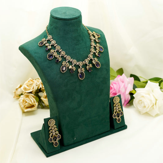 Antique Gold Necklace Set – Deep Violet Stone & Kundan Drop Design