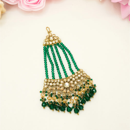 Statement Green & Gold Chand Tikka – Beaded Bridal Headpiece for Mehndi, Walima & Festive Wear