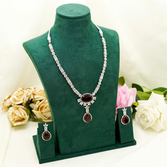 Silver Zircon Necklace Set with Deep Maroon Drop Stones