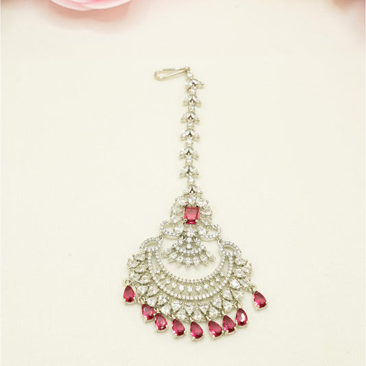 Statement Red & Silver Chand Tikka – Crystal Bridal Headpiece for Nikah, Walima & Festive Occasions