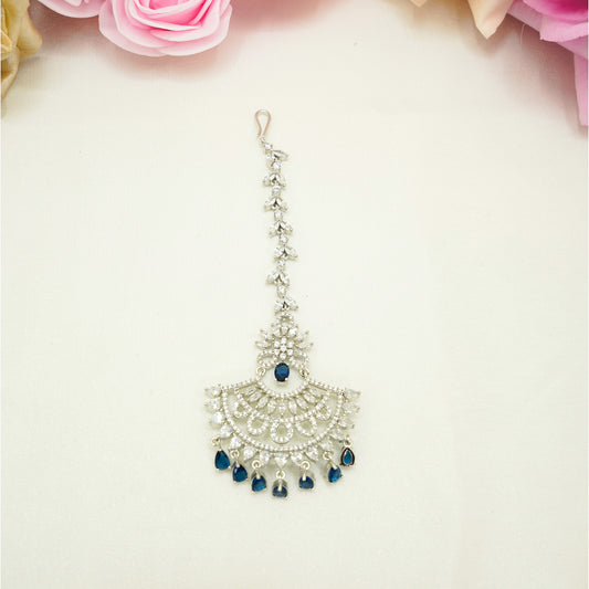 Statement Silver & Blue Chand Tikka – Crystal Bridal Headpiece for Walima, Nikah & Festive Wear