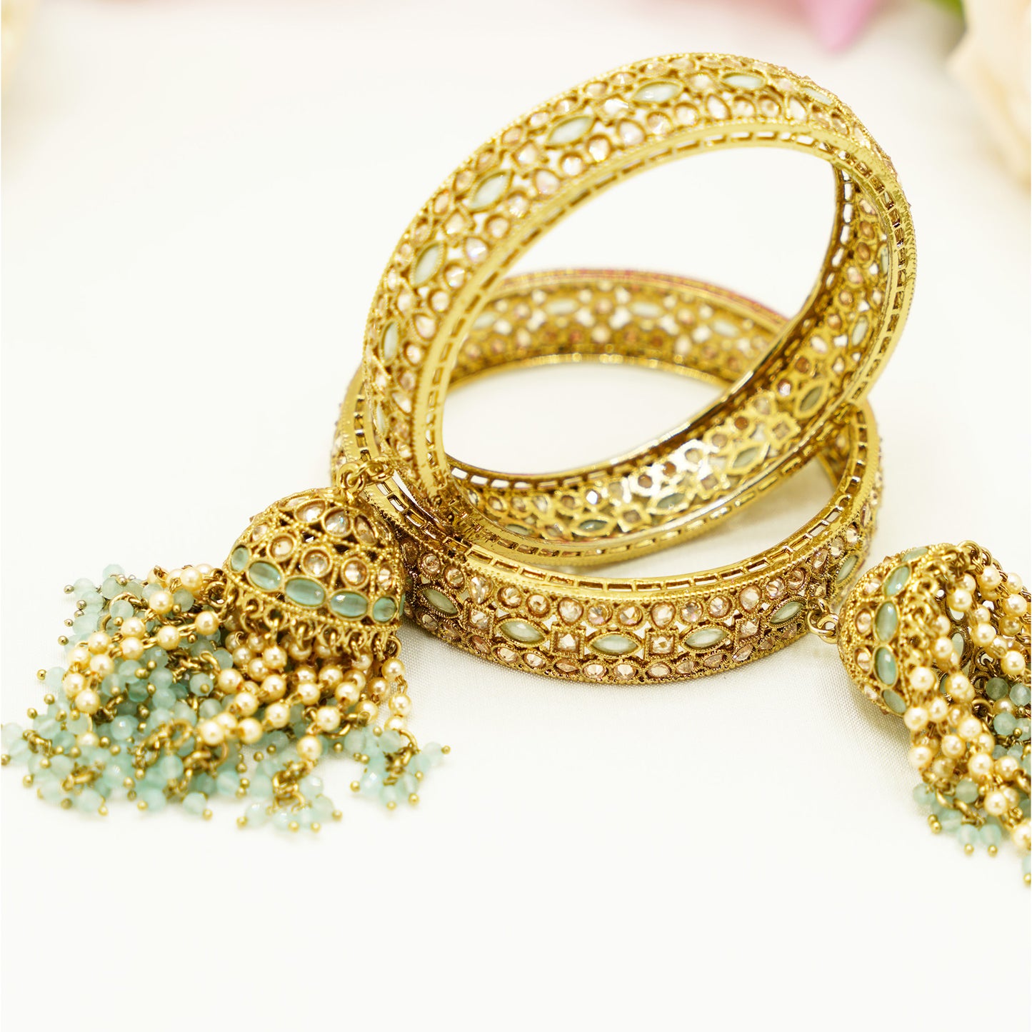 Antique Gold Jhumka Bangles with Mint Green Beads – Bridal Dangle Bangle Set for Weddings & Festive Wear