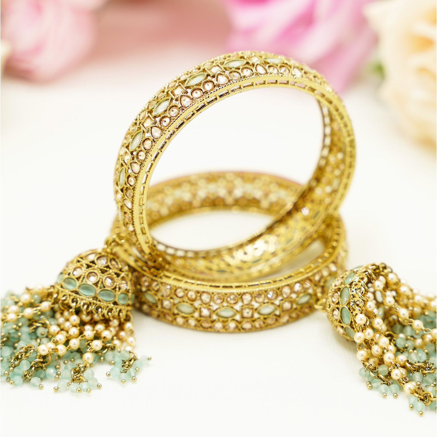 Antique Gold Jhumka Bangles with Mint Green Beads – Bridal Dangle Bangle Set for Weddings & Festive Wear