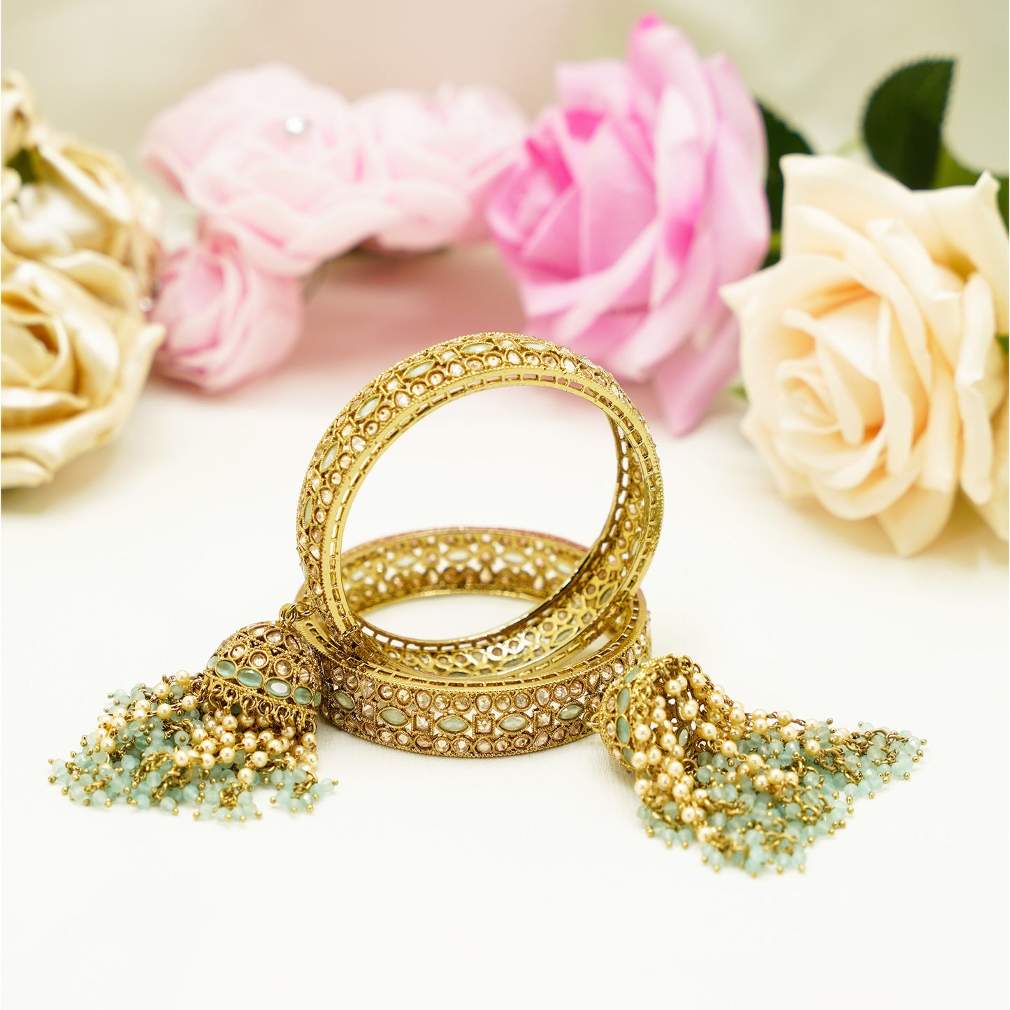 Antique Gold Jhumka Bangles with Mint Green Beads – Bridal Dangle Bangle Set for Weddings & Festive Wear