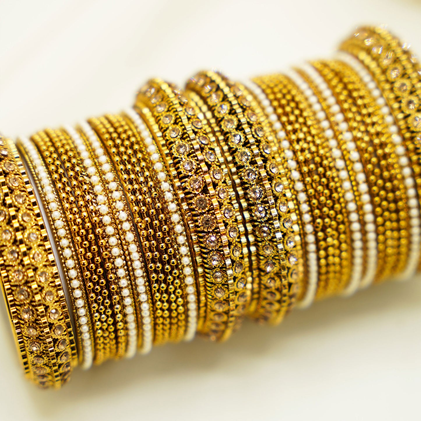 Gold & White Multi-Design Party Bangles – 24-Piece Bridal Bangle Set with Kundan Accents