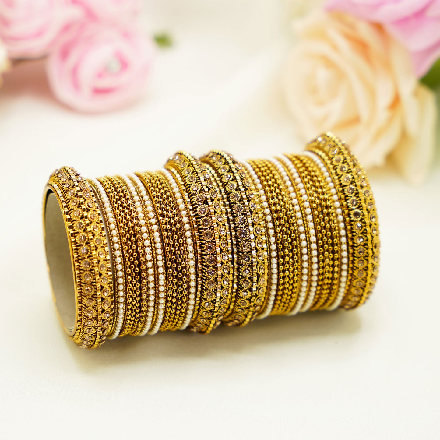 Gold & White Multi-Design Party Bangles – 24-Piece Bridal Bangle Set with Kundan Accents