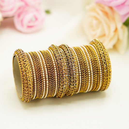Gold & White Multi-Design Party Bangles – 24-Piece Bridal Bangle Set with Kundan Accents