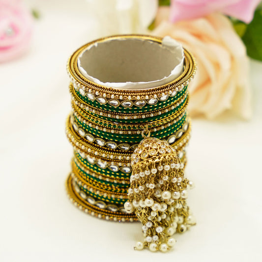 Green & Gold Bridal Bangles with Kundan Detailing and Jhumka Tassel – 22-Piece Party Set