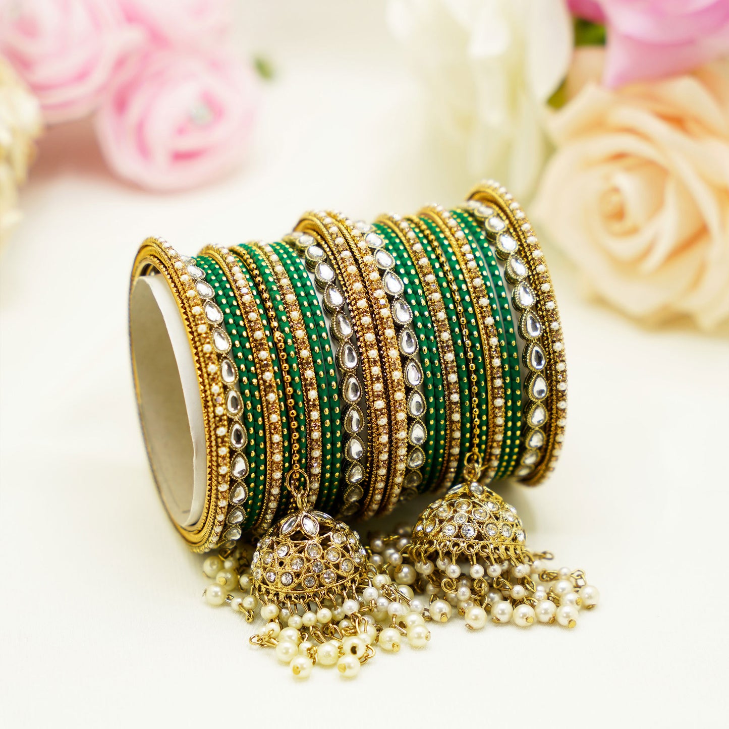 Green & Gold Bridal Bangles with Kundan Detailing and Jhumka Tassel – 22-Piece Party Set