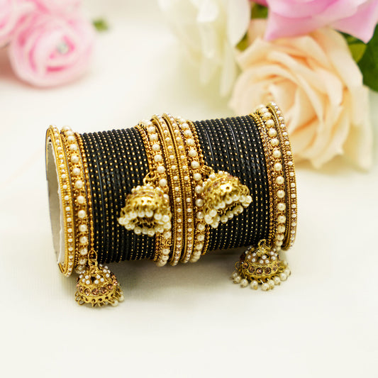 Black & Gold Bridal Bangles with Pearl Jhumka Tassels – 24-Piece Party Set