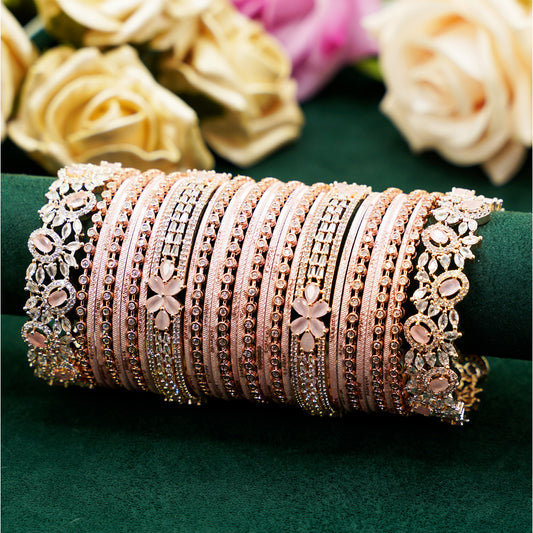 Rose Gold Bridal Bangle Set – 22-Piece Pink Stone & Crystal Party Wear