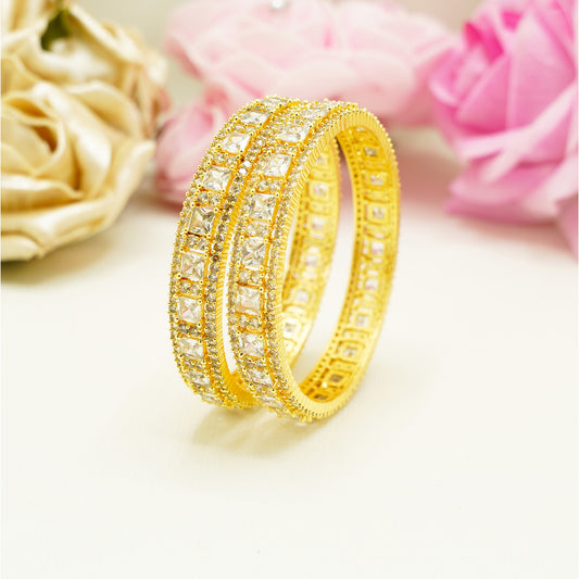 Gold Mirror Stone Bangles – Elegant Pair with Square-Cut Detailing
